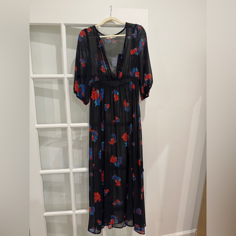 MINKPINK Black Maxi Dress with Red and Blue Floral Print